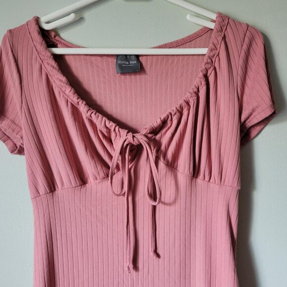 Olivia Rae Mini Dress Women's Small Ribbed Pink Rose w/ Neckline Keyhole Tie - Picture 2 of 3